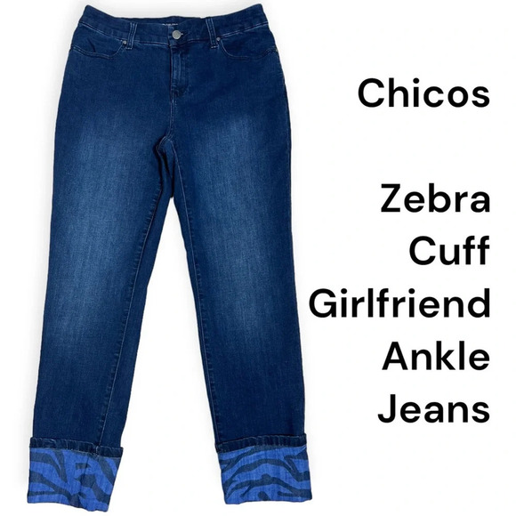 Chicos girlfriend ankle jeans zebra cuffs size 4 - Picture 1 of 6